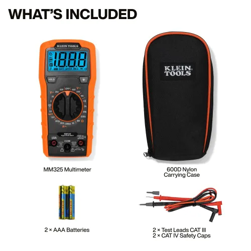 Miniatura 2 de Klein Tools 80196 Kit de multímetro digital con estuche, probador de voltaje CA/CC de rango manual de 600V, prueba baterías, corriente, resistencia