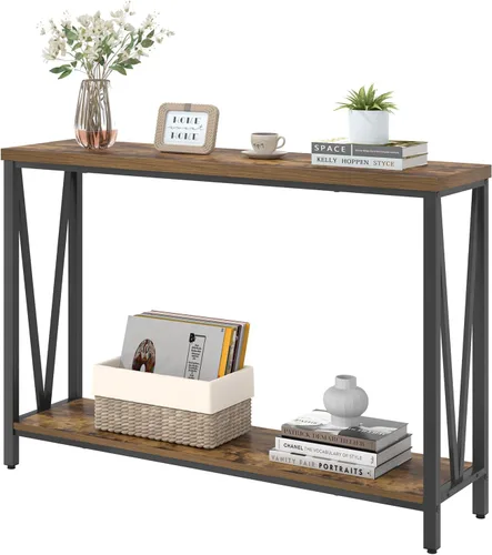 Miniatura 8 de EXCEFUR Mesa de entrada, sofá de madera rústica con almacenamiento, mesa de pasillo moderna para sala de estar, color gris