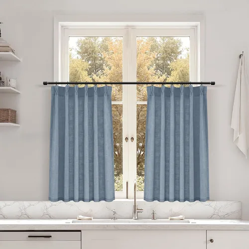 Miniatura 165 de Juego de 2 paneles de cortinas de ventana de cocina beige de 24 pulgadas de largo, con textura de lino, plisadas, filtrantes de luz, semi pequeñas