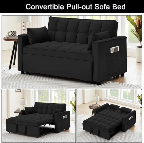Miniatura 6 de Sofá cama convertible de terciopelo de 55 pulgadas, sofá futón 3 en 1 con cama extraíble, sofá biplaza moderno con respaldo ajustable, 2 almohadas