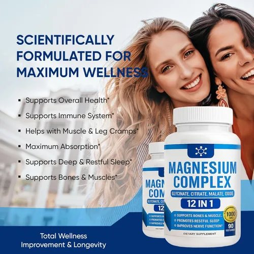 Miniatura 5 de Complejo de magnesio 7 Suplemento elemental – Complejo de magnesio 1000mg Formas incluyendo glicinato, citrato, malato, taurato quelado Apoyo