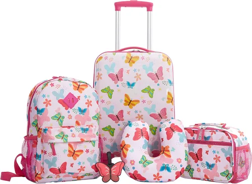 Travelers Club Juego de viaje de equipaje para niños, 23 piezas, mariposa, 5, Mariposa, Juego de equipaje de viaje para niños de 23 piezas