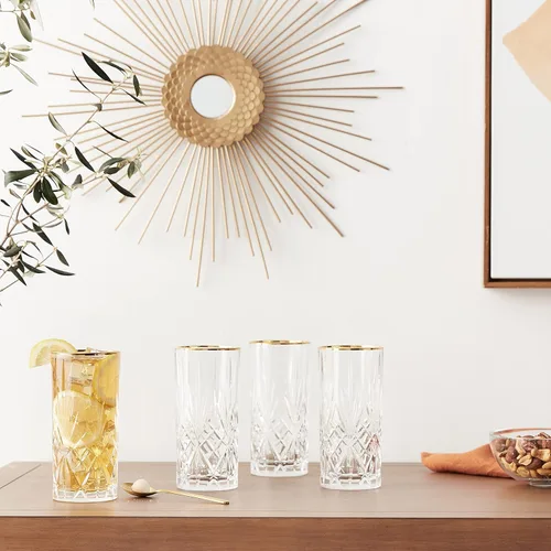 Miniatura 2 de Lorren Home Trends Siena Collection Copa de cristal para agua, bebida o té helado con diseño de banda dorada, juego de 4, 12 onzas High Ball