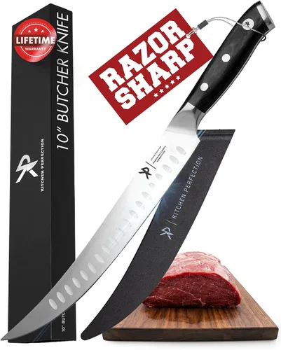 KITCHEN PERFECTION - Cuchillo carnicero de 10" para corte y recorte de carne - Cuchillo cimitarra ultra afilado para trocear y rebanar con funda -