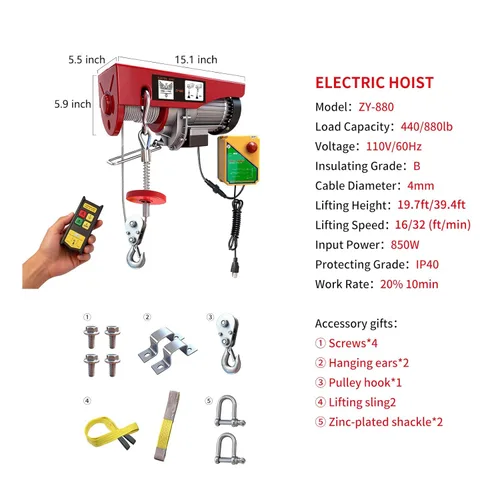 Miniatura 7 de Polipasto eléctrico, cabrestante eléctrico de 880 libras con control remoto inalámbrico, polipasto eléctrico de 110 V con control remoto, motor