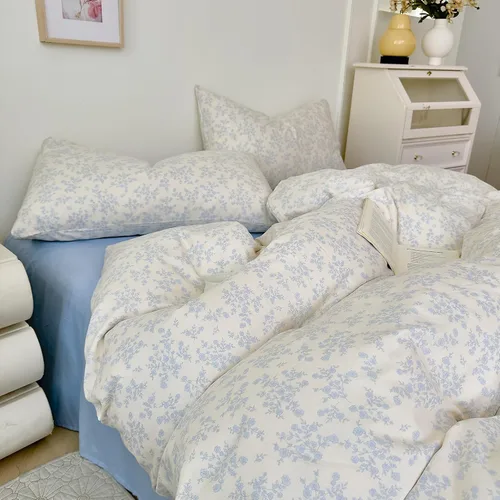 Miniatura 32 de Juego de funda de edredón blanca con estampado floral azul, juego de ropa de cama de algodón suave estilo bohemio, juego de ropa de cama estética