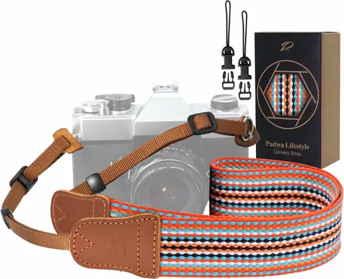 Miniatura 31 de Padwa Lifestyle Correa de cámara con rayas - 1.5" Correa suave de cuerda trenzada de algodón con cabezal de cuero vacuno Crazy Horse para el hombro
