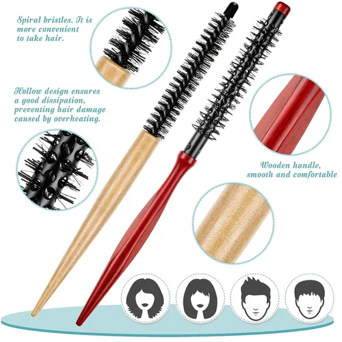 Miniatura 3 de 2 piezas de cepillo pequeño redondo para el cabello, mini cepillo redondo de madera, cepillo Quiff, peines de pelo de cerdas de nailon para vestir