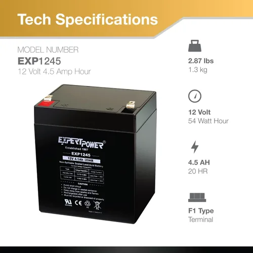 Miniatura 3 de ExpertPower EXP1245 Reemplazo de batería de seguridad para alarma doméstica Negro 12V 4.5AH Alfombrilla de vidrio absorbente 1 paquete