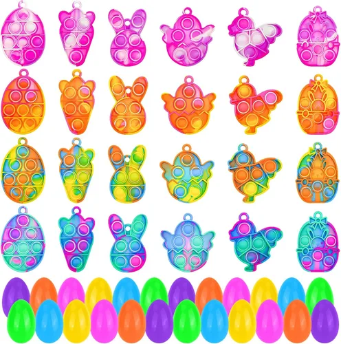 Paquete de 24 huevos de Pascua precargados con mini llavero Pop Fidget, huevos de Pascua rellenos para niños y niñas, cesta de Pascua, regalos de