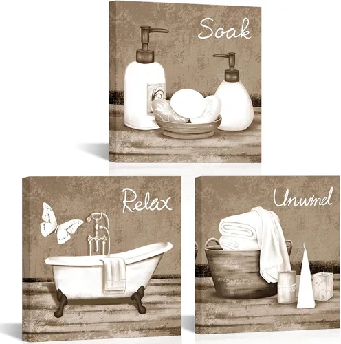 RnnJoile Imágenes de baño beige para pared, arte de pared para bañera o spa, impresiones decorativas para relajarse y relajarse, arte para baño