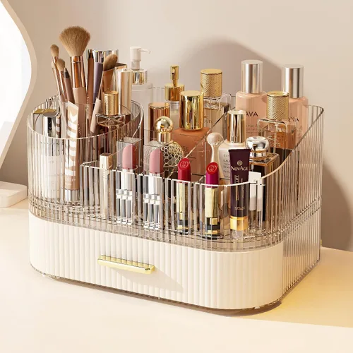 Miniatura 9 de Organizador de maquillaje con soporte para brochas giratorio de 360° y cajones apilables, estuche de exhibición de cosméticos para tocador, encimera