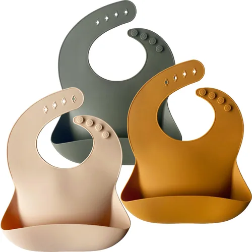 Moonkie Juego de 3 baberos de silicona para bebé, sin BPA, suaves, ajustables, impermeables, para bebés y niños pequeños (crema/dólar/verde oliva)