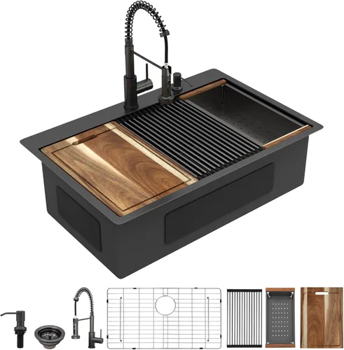 Miniatura 20 de 13"x15" Fregadero de barra de montaje en encimera para preparación – Negro metalizado NANO-PVD, acero inoxidable 304 calibre 16, tazón individual