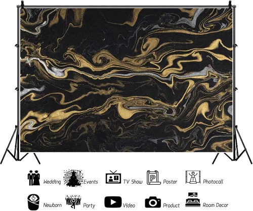 Miniatura 3 de Telón de fondo de fotografía con textura de mármol negro dorado de 5 x 4 pies, arte abstracto, fondo de fondo dorado de arena movediza líquida