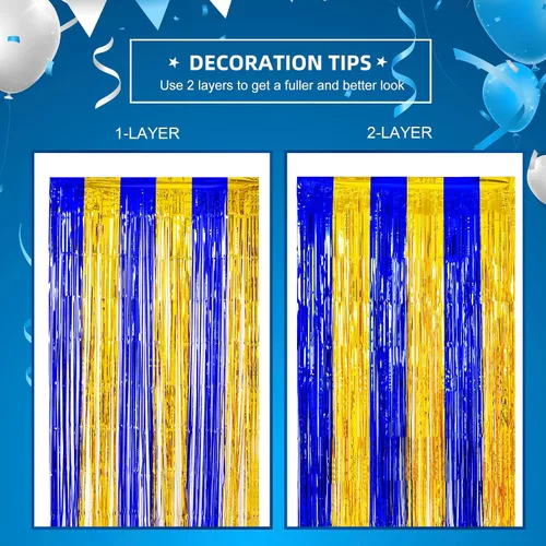 Miniatura 7 de LOLStar Paquete de 2 decoraciones de fiesta azul marino y dorado, cortinas de flecos de aluminio de 3.3 x 6.6 pies, telón de fondo de oropel