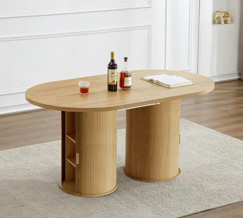 Miniatura 8 de Mesa de comedor redonda extensible de 94 pulgadas con base de almacenamiento, mesa de comedor expandible natural para 10, mesa de comedor de madera
