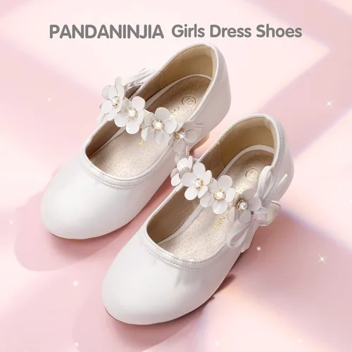 Miniatura 7 de PANDANINJIA Zapatos de vestir para niñas, zapatos de tacón Mary Jane con flores, fiesta de boda, regreso a la escuela, zapatos de tacón para niños