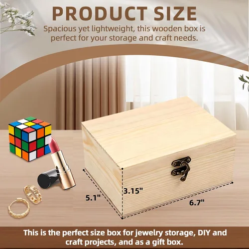 Miniatura 2 de Caja de madera sin pintar sin terminar con tapa con bisagras para manualidades, almacenamiento de joyas, caja de pino liso, pequeña 6.7 x 5.1 x 3.1