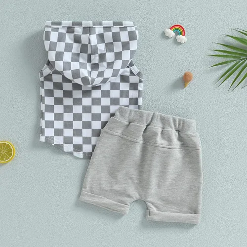 Miniatura 21 de Conjunto de ropa de verano para bebé niño y niño, diseño a cuadros, manga corta, sudadera con capucha y pantalones cortos casuales