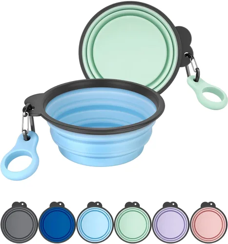 Miniatura 14 de Aonkey Tazones plegables para perros con portabotellas, paquete de 2 cuencos de agua para perros de viaje con mosquetón mejorado, borde moldeado