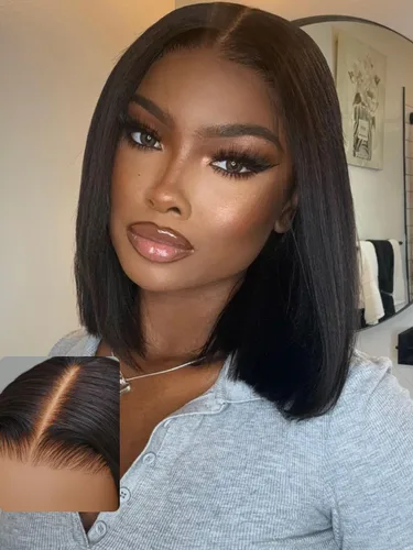 Miniatura 28 de UNICE Yaki Peluca Bob Recta de Cabello Humano con Cordón Adiós Nudos Sin Pegamento 7x5 Pelucas Frontales de Encaje de Cabello Humano Pre Desplumadas