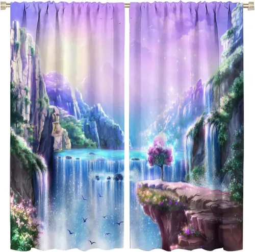 Cortina de estilo japonés con diseño de cascada, diseño de grúa de montaña, decoración del hogar, ventana, bolsillo para cortinero, para dormitorio,