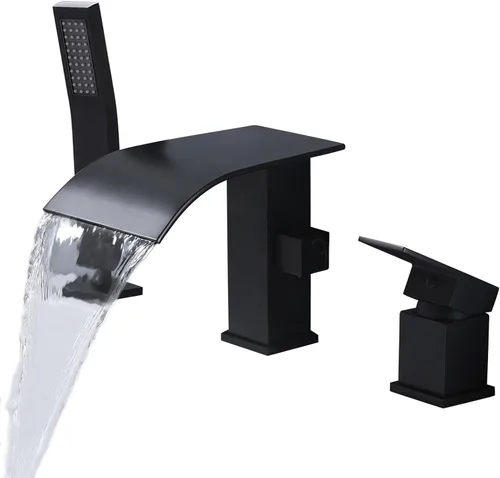 Grifo de Bañera Romana Tipo Cascada con Ducha de Mano, Grifo Llenador de Bañera de Montaje en Cubierta con Rociador, Juego de Grifo de Bañera de Una
