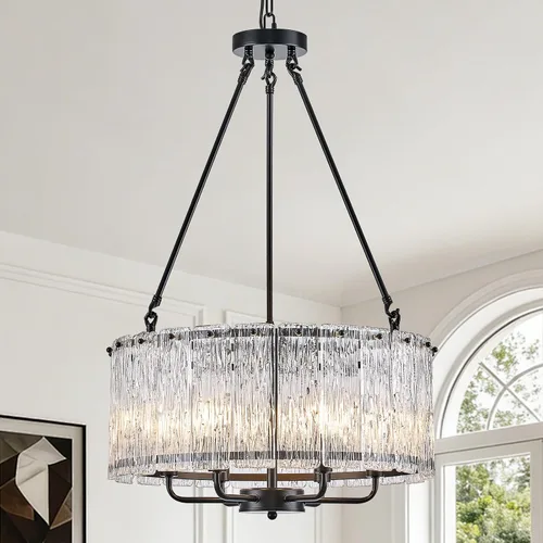 Miniatura 17 de CATINER Candelabro de cristal de 20 pulgadas, moderno, 6 luces, lámparas de tambor dorado, iluminación colgante de techo de lujo para entrada