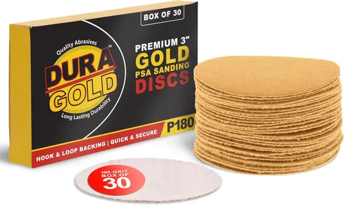 Dura-Gold - Premium - Discos de lijado de gancho y bucle dorados de grano 180 de 3 pulgadas para lijadoras DA - Caja de 30 discos de acabado de