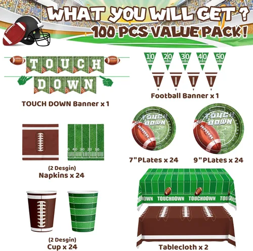 Miniatura 2 de Decoraciones para fiestas de fútbol – 100 piezas de suministros para fiestas que sirven 24, pancartas de retocar, platos, mantel, taza y servilletas