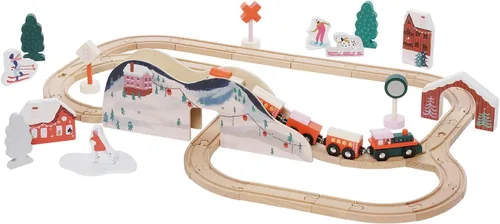 Manhattan Toy Alpine Express - Juego de tren de juguete de madera de 49 piezas con accesorios escénicos para niños de 3 años en adelante