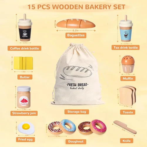 Miniatura 2 de Juguetes de Comida de Conjunto de Juego de Panadería de Madera, Conjunto de Horneado de Comida de Juego de Simulación para Niños, Accesorios