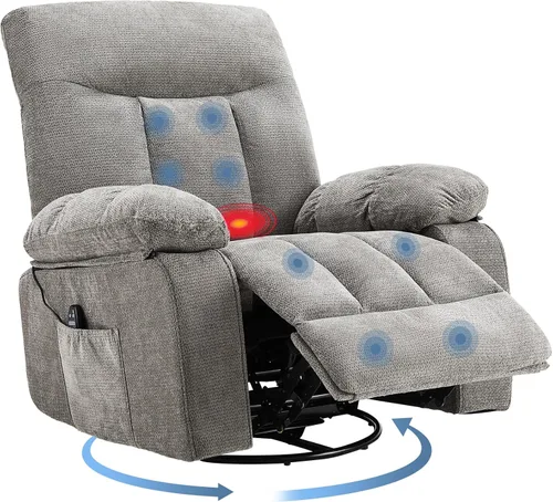 Miniatura 9 de DUMOS Rocker - Silla reclinable giratoria con masaje por vibración y calefacción lumbar, sillón reclinable de tela de felpilla giratoria de 270°