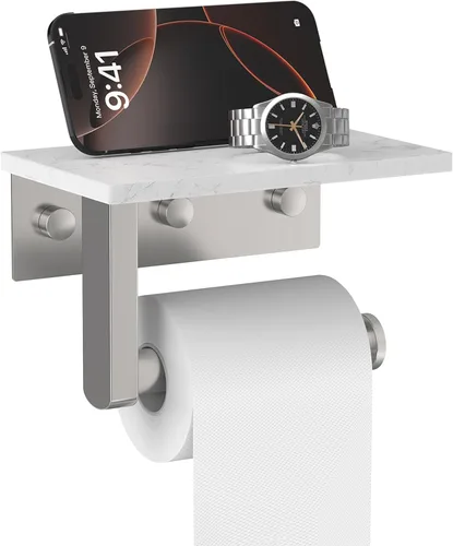 Miniatura 11 de Soporte de papel higiénico dorado cepillado con estante de mármol, soporte de mano de papel higiénico de acero inoxidable 304 montado en la pared