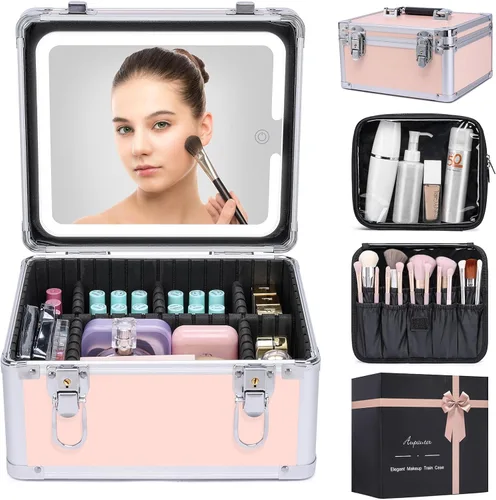 Miniatura 9 de Estuche de maquillaje con espejo LED, estuche rígido de viaje con espejo iluminado recargable y divisores ajustables, bolsa de almacenamiento