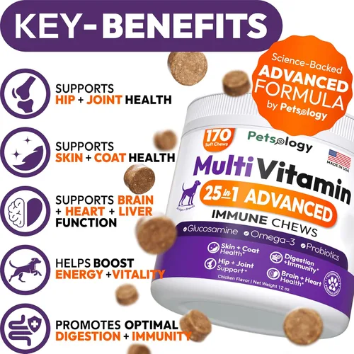 Miniatura 2 de Multivitamínico masticable para perros, vitaminas y suplementos para perros con glucosamina, 170 masticables, cadera y articulaciones, apoyo