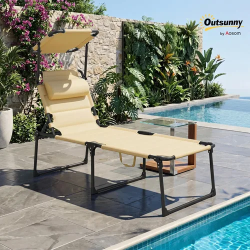 Miniatura 2 de Outsunny Sillón para exteriores, respaldo ajustable, tumbona plegable, silla de bronceado acolchada con techo parasol y reposacabezas de almohada