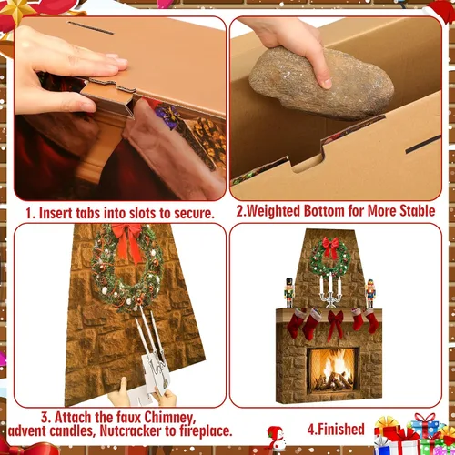 Miniatura 4 de Fullhawl Chimenea de cartón para Navidad, accesorio de chimenea de cartón grande 3D, centro de mesa falso con chimenea sintética para decoración