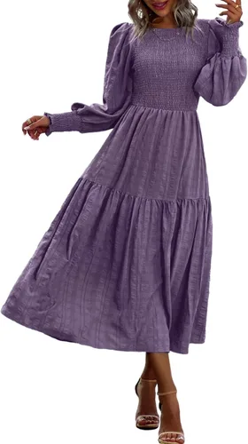 PRETTYGARDEN Women 2024 Puff Long Sleeve Crewneck Smocked Maxi Dress Solid Empire Waist Tiered A-line Swing Flowy Long Dress