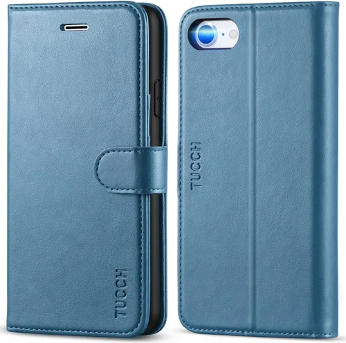 Miniatura 12 de TUCCH Funda tipo cartera para iPhone SE 2022/SE 2020/iPhone 8/7, tarjetero con función atril de piel sintética, magnética, funda protectora de Negro
