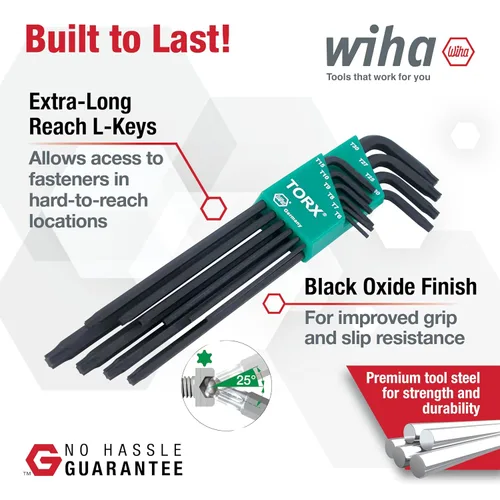 Miniatura 2 de Wiha 36698 Torx Juego de llaves en L, 10 piezas, T6–T30, alcance extra largo, óxido negro, acero para herramientas CRM-72