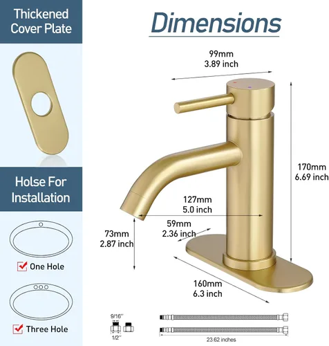 Miniatura 6 de GENBONS Grifos de Baño Dorados, Grifo de Lavabo Moderno de Una Sola Manija Dorado Cepillado de 1 Agujero con Placa de Cubierta de 3 Agujeros, Grifo