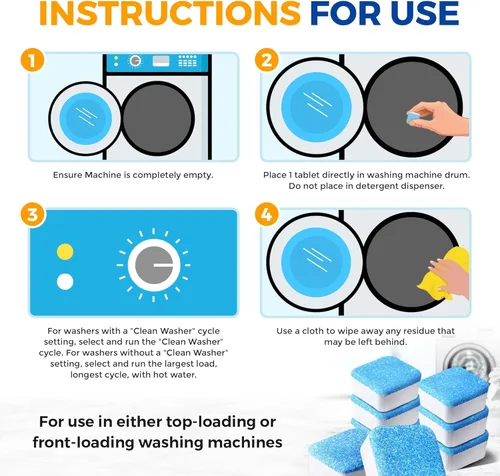 Miniatura 4 de Tabletas Limpiadoras para Lavadora Paquete de 24 Descalcificador Potente - Limpieza Profunda para Lavadoras HE de Carga Frontal y Superior Seguro