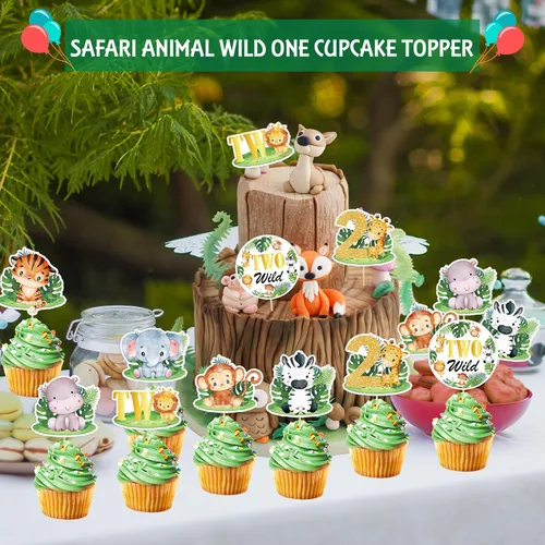 Miniatura 7 de Weecent 48 adornos para cupcakes salvajes, dos decoraciones de cumpleaños salvajes para niños, decoración de tartas de animales de la selva, Dos