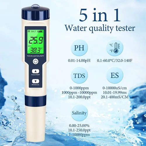 Miniatura 3 de Medidor de pH y TDS Medidor digital de agua 5 en 1 Probador de salinidad PH Temp EC y medidor TDS, medidor de pH para agua con retroiluminación LCD