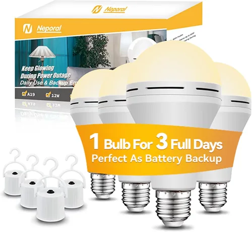 Miniatura 5 de Bombillas de Luz de Emergencia Recargables Neporal Permanecen Encendidas Cuando Falla la Energía del Hogar, LED de 15W Equivalente a 80W 1200mAh
