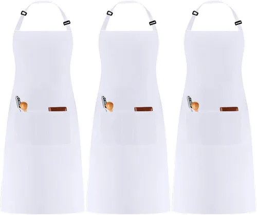 Miniatura 8 de Paquete de 3 delantales de chef negros y blancos, delantal de cocina ajustable con 3 bolsillos para hombres y mujeres, camarera (polialgodón)