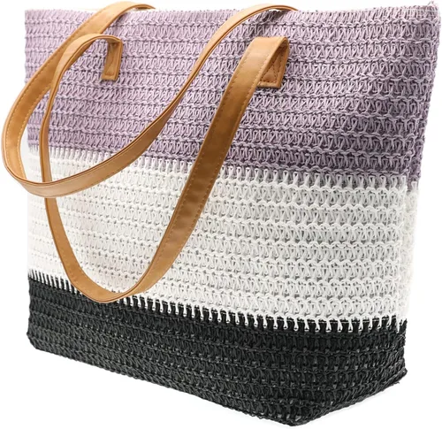 Miniatura 95 de Bolso grande de paja para mujer, tejido de ratán, bolso de playa de verano, a rayas