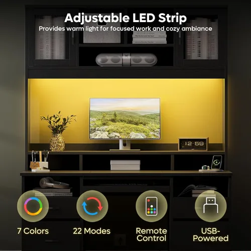 Miniatura 3 de Bestier Escritorio Ejecutivo de 77.8" de Alto con Estante Superior, Escritorio Moderno de Madera para Computadora con Cajones, Estación de Carga